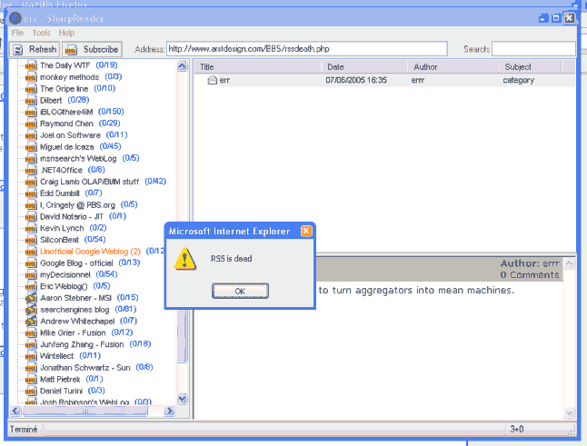 Killing news aggregator SharpReader with a custom RSS feed